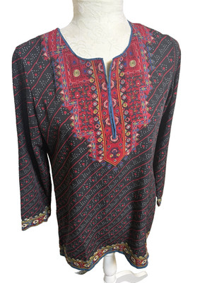 BIBA Tunic Top ~S-34 UK ~Silky Navy Burgundy Print Placket Pullover Blouse India