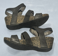 DANSKO Savannah Black Leather Sandals Sz 38 Cork Wedge Hook  Loop Comfort Boho