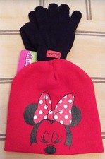 DISNEY MINNIE MOUSE RED BEANIE KNIT HAT BLACK GLOVES SET GIRL'S ONE SIZE NWT