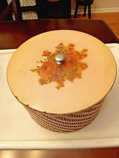 HARVEY Pink / Peach Wicker & Wood Round Floral Decal Sewing Basket Box FULL!