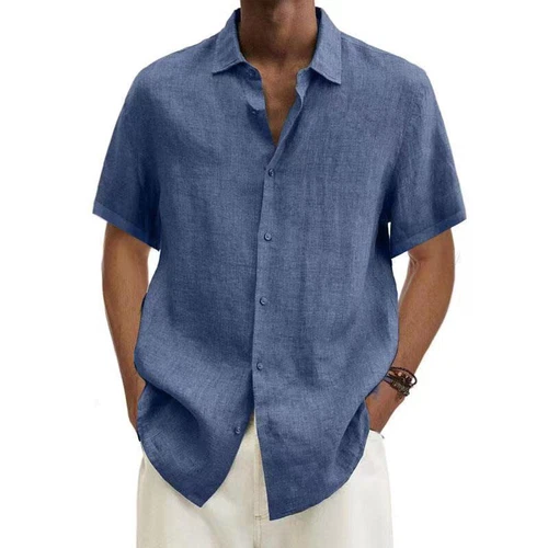 Camisa de vestir suelta con botones de manga corta de algodón y lino para hombre - Imagen 21 de 33