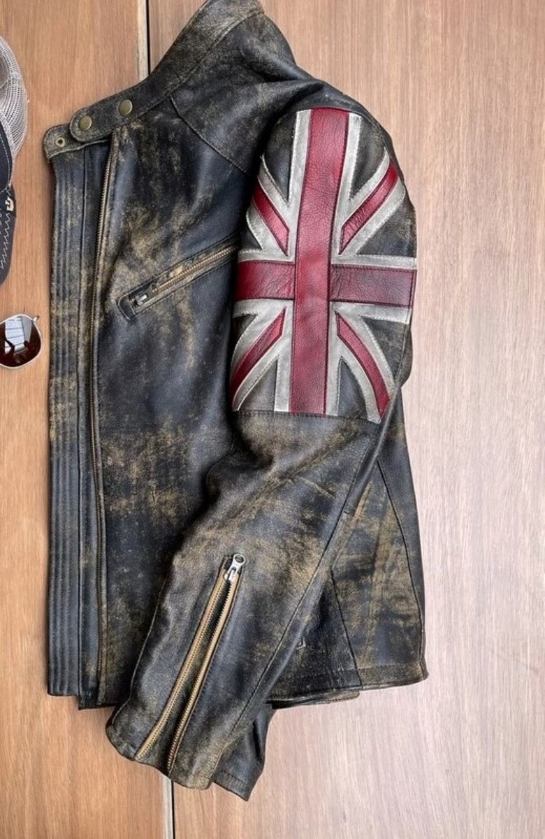 Men's Biker Vintage Distressed Brown Union Jack Cafe Racer