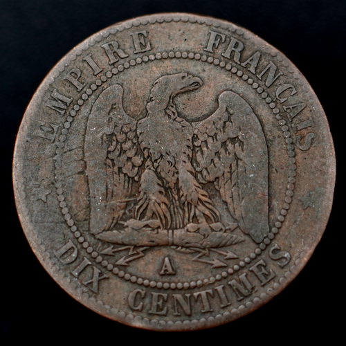 1863A France 10 Centimes (A Paris) Coin, km798.1, Mintage 4,873,000 - Rare Coin - Picture 2 of 2