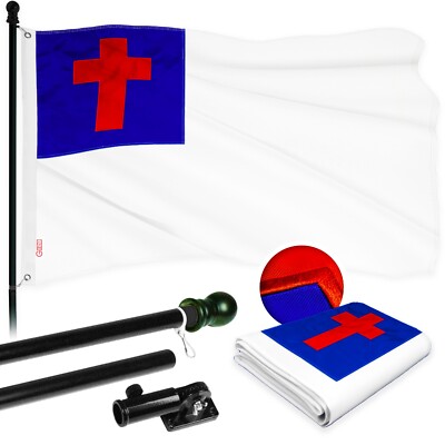NEW G128 Christian Flag & Flagpole, 5FT Black Pole + 2.5x4FT Embroidered 300D