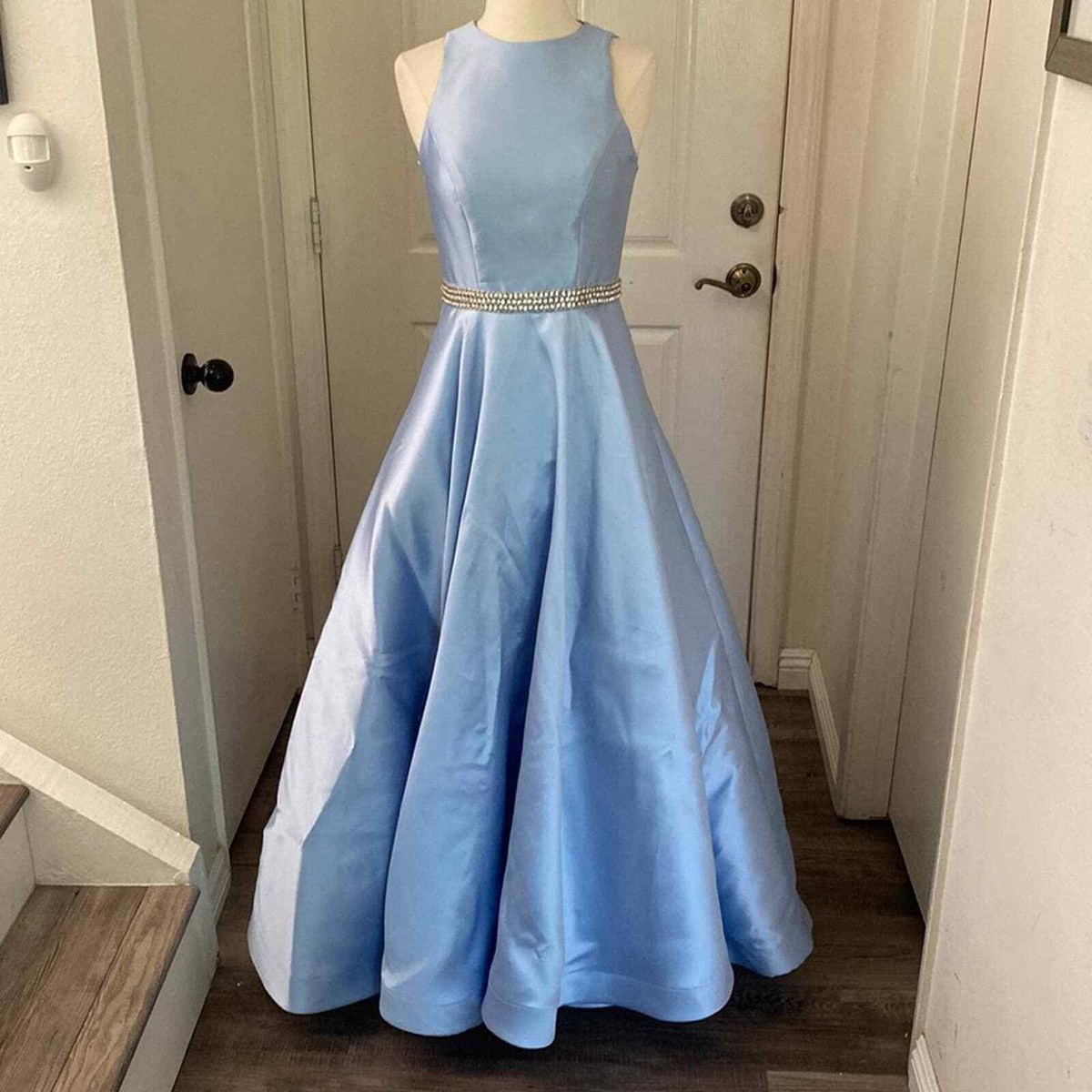 ieena for mac duggal blue dress Blue Sleeveless Embroidered Lace Tiered Midi Dress main image 0