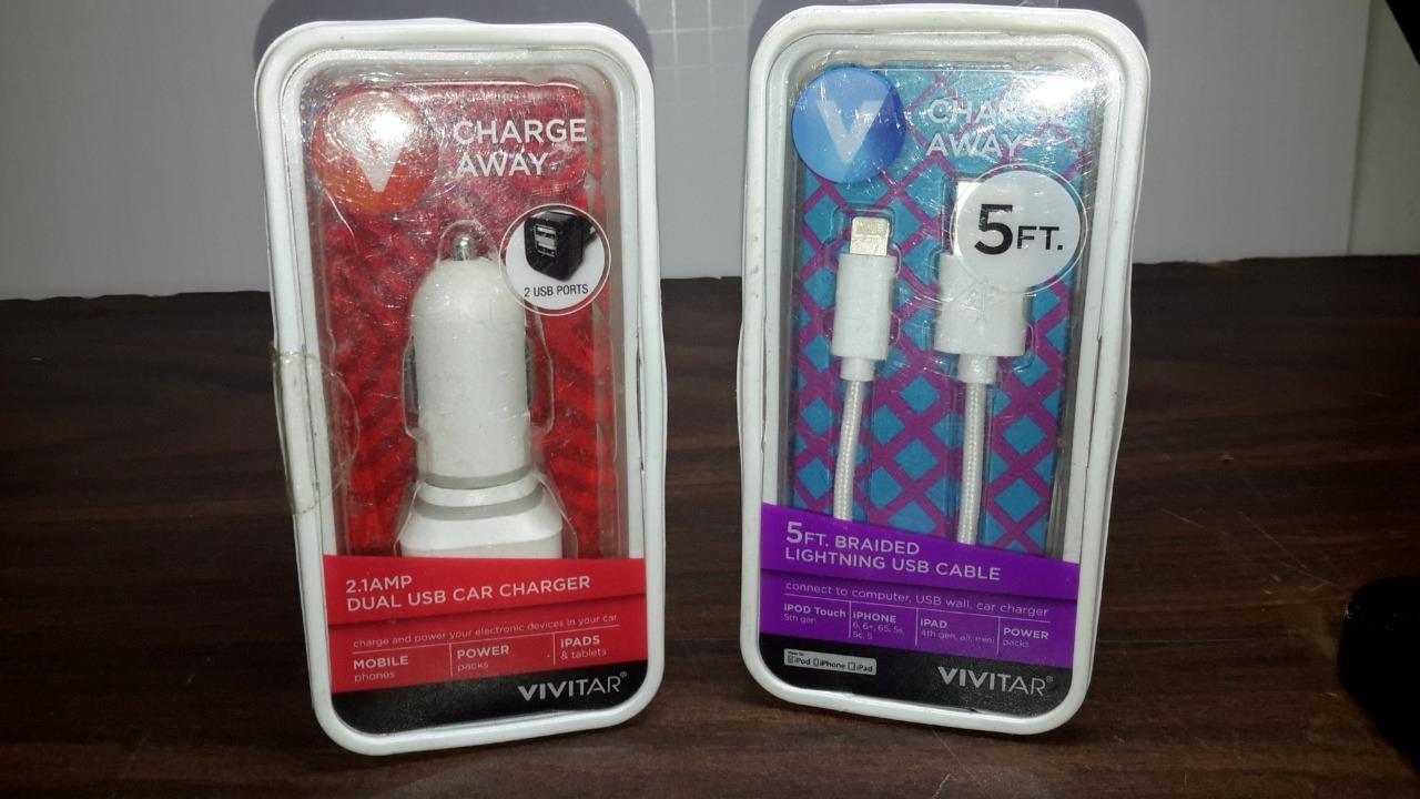 Vivitar 5ft Braided Lightning Cable with 2.1A Dual USB Car Charger-image