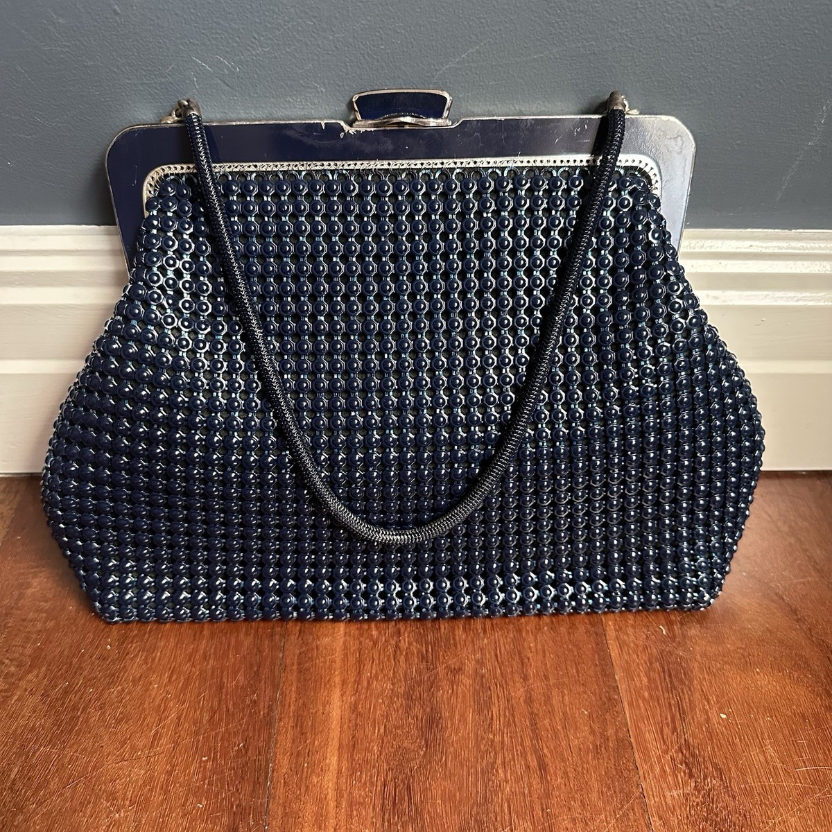 Vintage Oroton Navy Blue Mesh Handbag Evening Bag 70s 80s