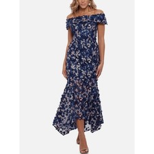 XSCAPE Off-The-Shoulder Embroidered 3D Floral Lace Midi Dress Navy Sz 12/14 NWT