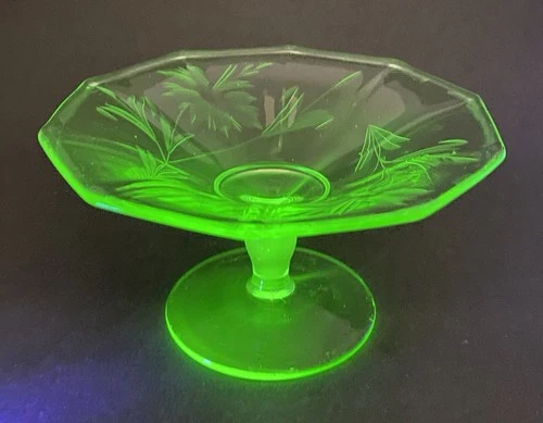 Vintage Depression Glass Compote Candy Dish Uranium Glow Etched Flowers