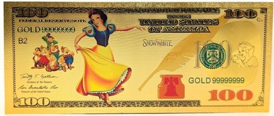 Snow White Disney Princess $100 Novelty 24K Gold Foil Plated Note