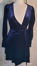 Blue Rain Velvet Wrap Dress Size M Whimsigoth Navy Blue Smocked Long Sleeve 