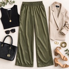 Tahari Wide Leg Pants Womens 2X Olive Green NWT Elastic Waist Viscose Blend