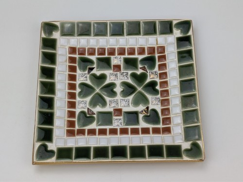 VTG MCM Mosaic Hand Tiles Clover Shamrock Tile Trinket Dish Ring Tray Square