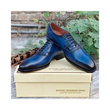 Handcrafted New Men's Blue Color Leather Oxford Whole-Cut Lace Up Dress Shoe Men