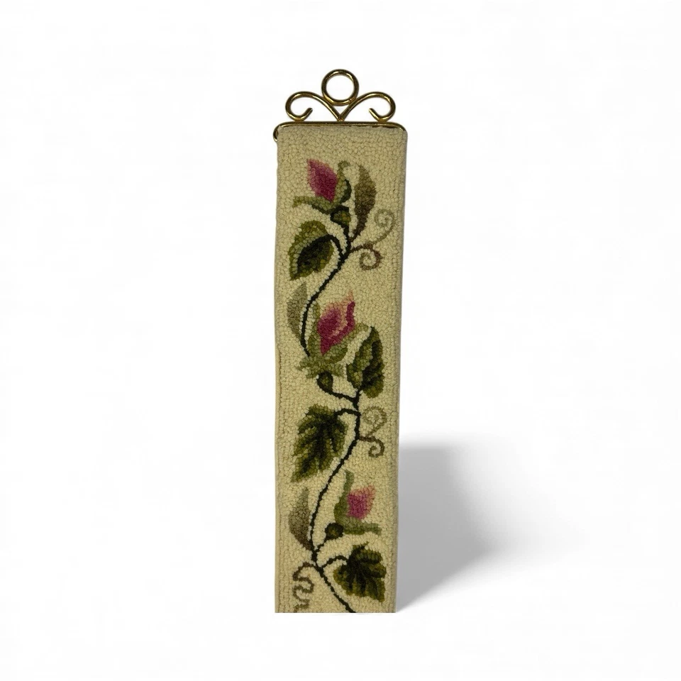 Vtg Needlepoint & Goldtone Bell Pull Wall Tapestry Floral 41x3.5” Satin Backing - Image 3 of 4
