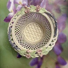 Belleek Ireland Lattice Weave Basket Purple Handle Pink Floral Edge 6 L