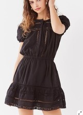 Urban Outfitters LUNA Black Dress Short Sleeve Button Up Crotchet Detail Size M
