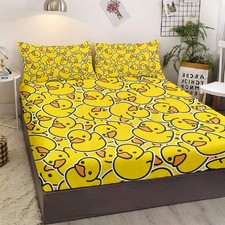 3 Piece Cartoon Duck Bed Sheet Set with Fitted Sheet and Pillow Shams