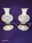 Pair of Vintage GWTW Hurricane Milk Glass Lamps w/floral shades 11 1/2" tall