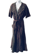 1940s Vintage Seersucker Cotton Black Rose Color Maxi Dressing Gown Robe M