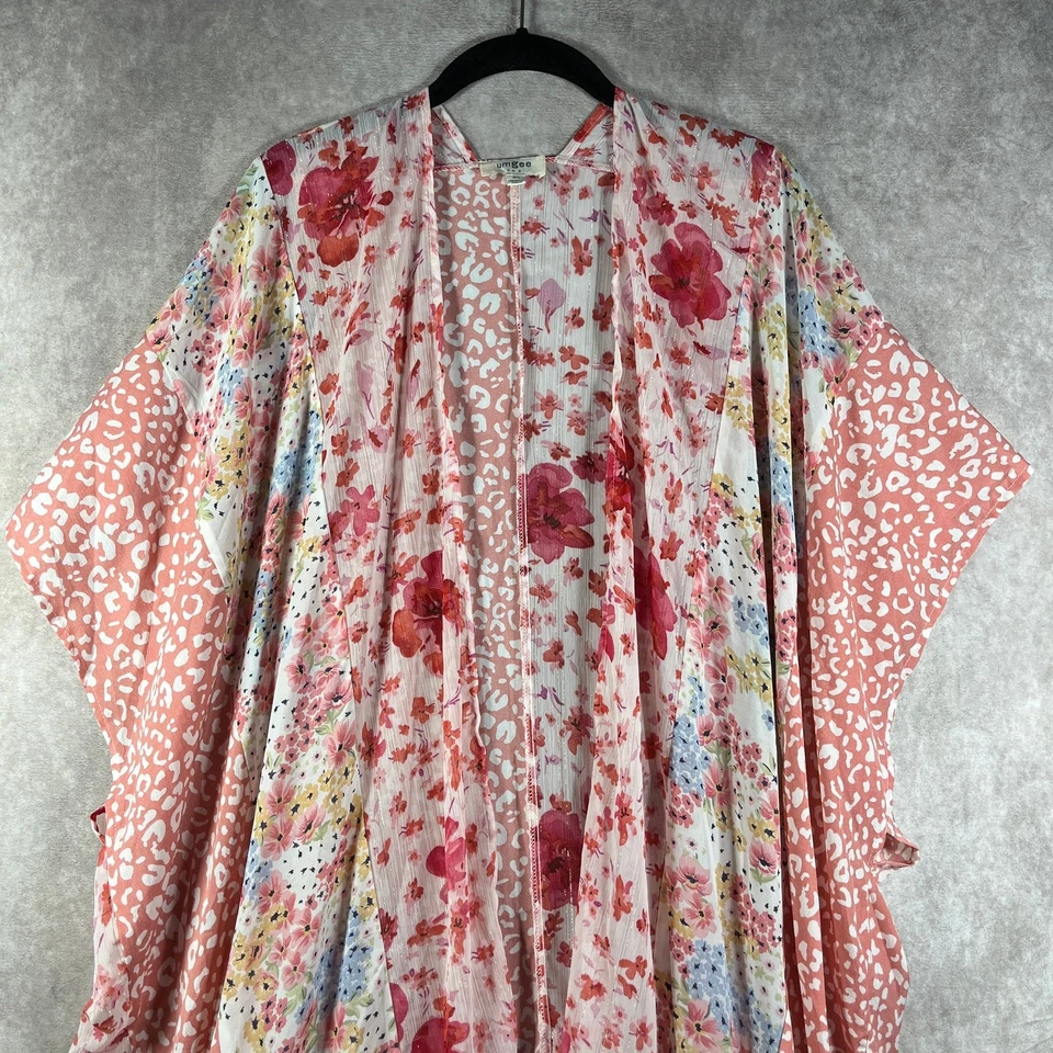 Cárdigan largo Umgee Kimono para mujer M/L rosa leopardo floral con volantes dobladillo abierto boho Foto 2 de 4
