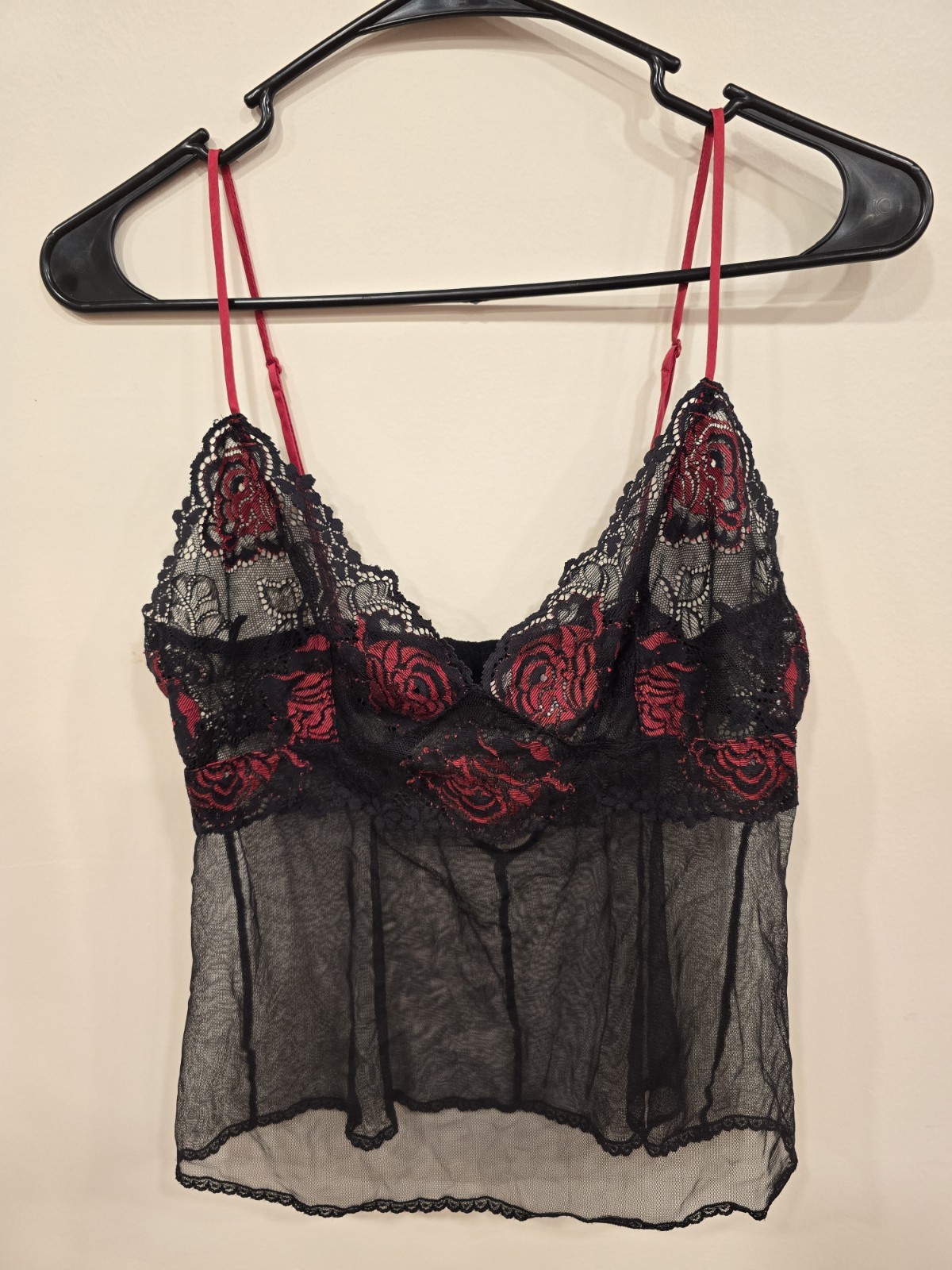 Victoria’s Secret Black Lace Floral Cami  Size M Sheer Coquette Fairy Goth
