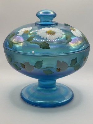  Fenton Celeste Blue Hand Painted Daisy Covered Compote,  Pam Heath Signed
