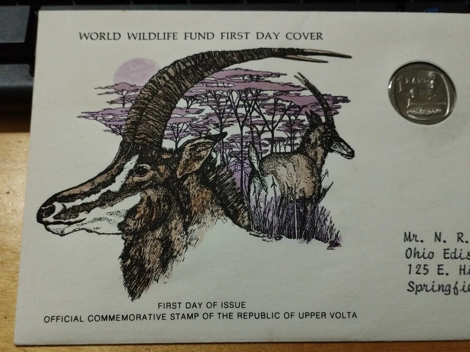 1976 WWF Republic of Upper Volta Roan Antelope Stamp FDC inlaid Antelope Coin - Image 3 of 4