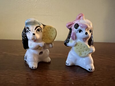 Vintage Ceramic Dog Puppy Salt Pepper Shakers Tennis Japan MCM