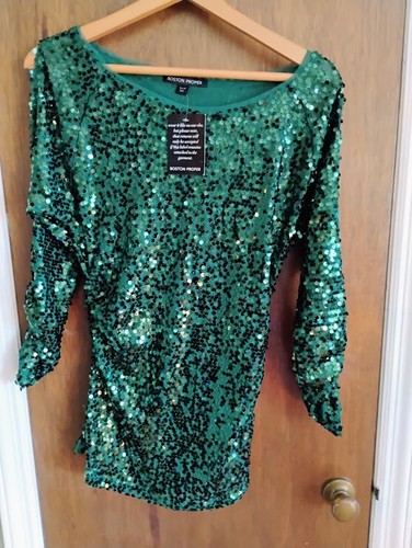 Boston Proper Women's Long Sleeve Cold Shoulder Top Green Sequins Ruched M