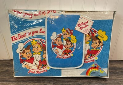 Kellogg's Rice Krispies 3 Piece Kitchen Set Hand Towel Wash Cloth Pot Holder '83