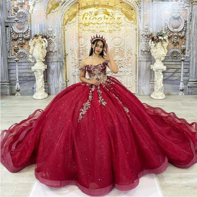 burgundy off the shoulder quince dress Floor-Length Ball Gown Off The Shoulder Plus Size Burgundy Quince Dresses Pic Color / US14 main image 1