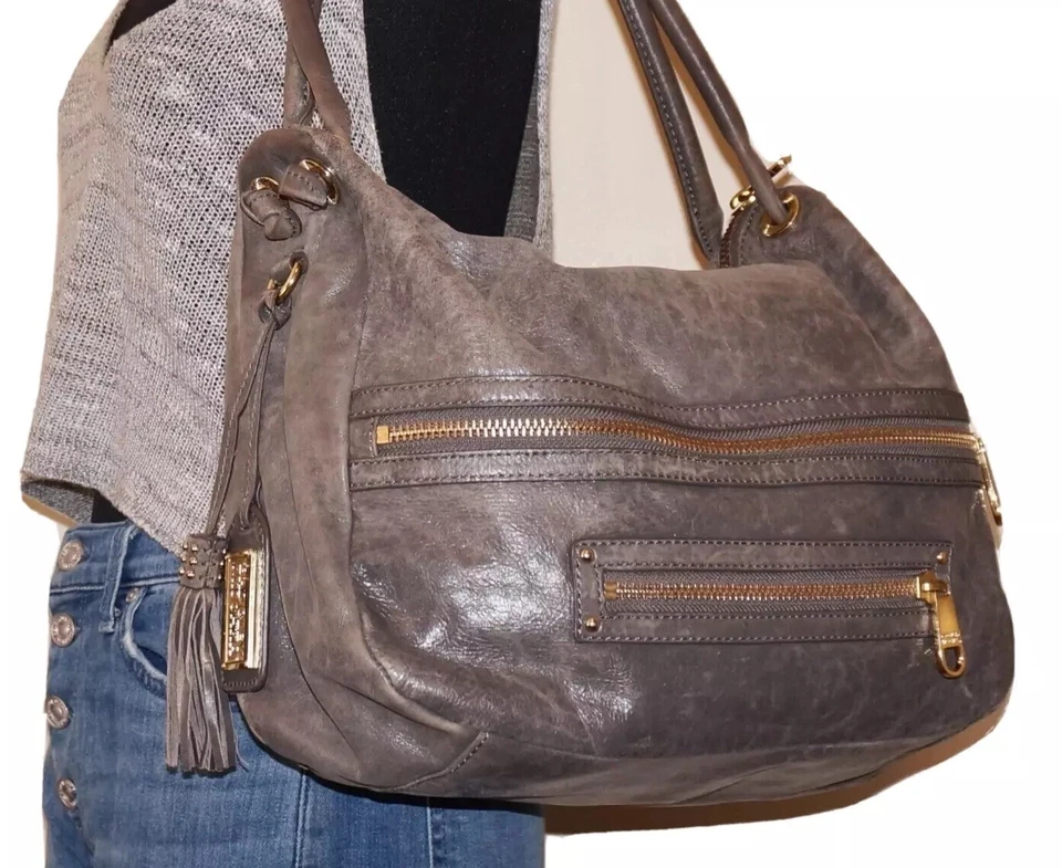 $680 BADGLEY MISCHKA Gray Leather 11 x 14 Slouchy Handbag *HEAVIER WEAR* - Image 2 of 4