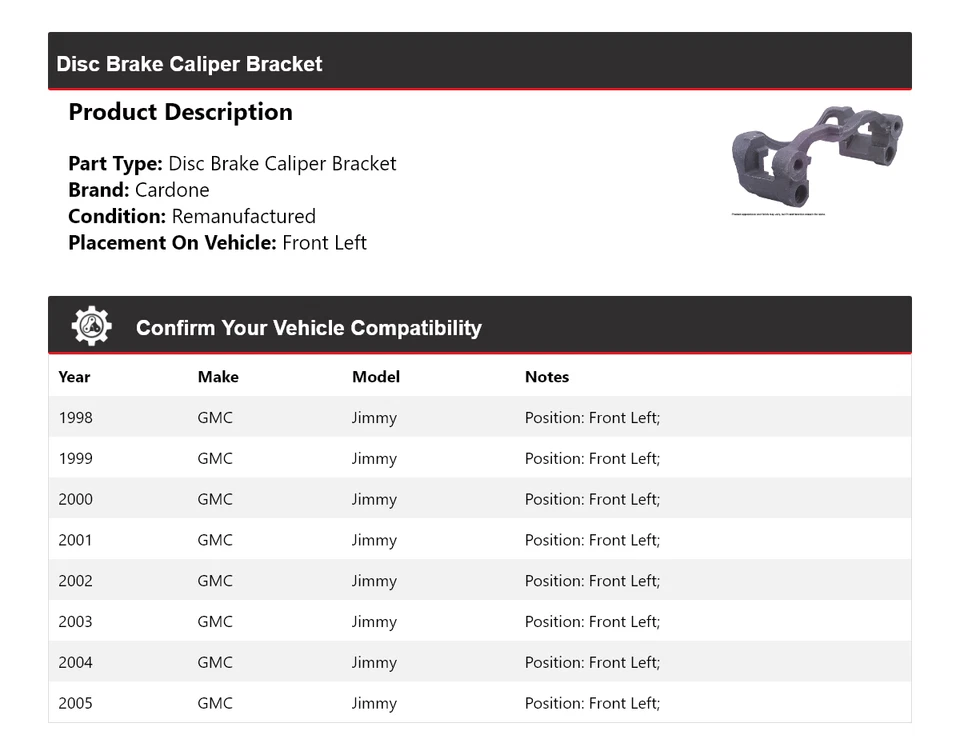 Soporte de pinza de freno de disco delantero izquierdo cardone 1999 2000 para GMC Jimmy 1998-2005 Foto 2 de 4