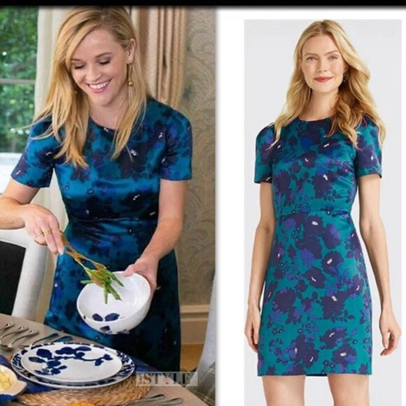 Draper James бирюзовый синий вырез цветочный структурированный платье короткий рукав оболочка Sz 10 - Изображение 2 из 4