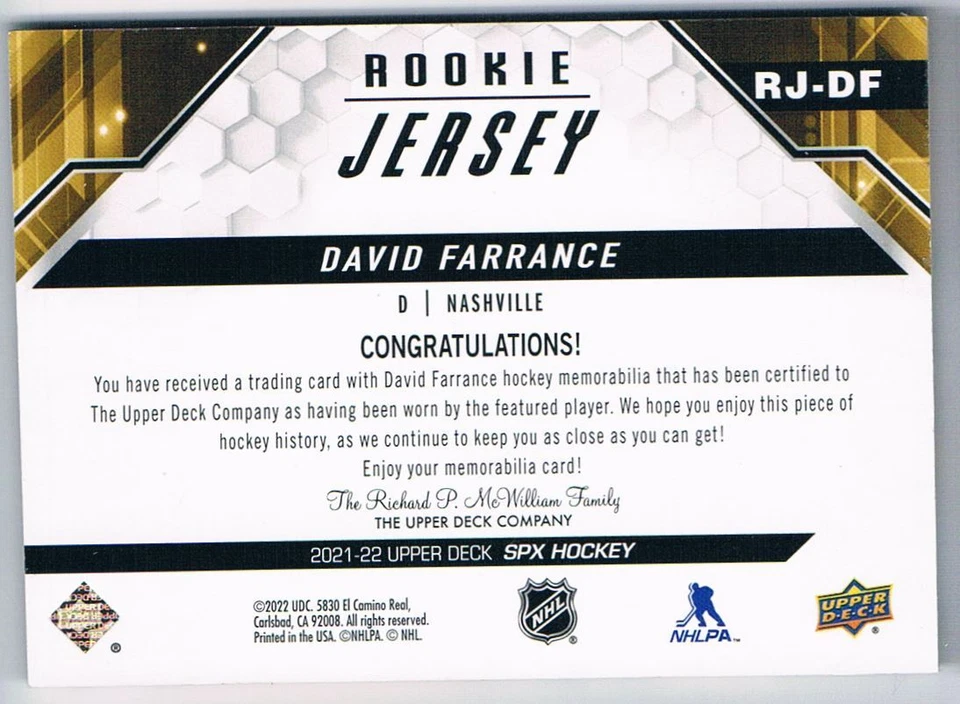 2021-22 SPX ROOKIE JERSEY DAVID FARRANCE NASHVILLE PREDATORS #RJ-DF - Image 2 of 2