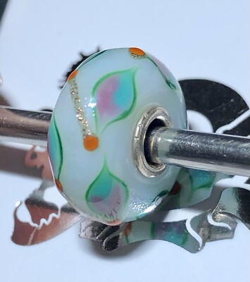 Authentic genuine trollbeads OOAK unique glass bead white base with glitt