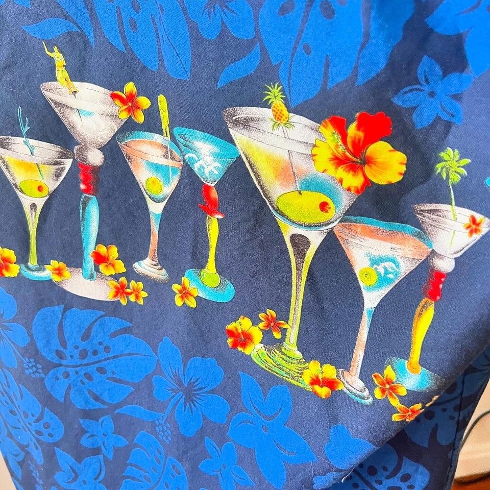 Camisa Aloha Floral Hawaiana Algodón Azul Vintage Años 90 TIKI COCKTAILS M 44 46 Foto 2 de 4