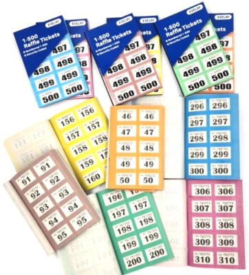 EVELAY LTD 12 Books of 1-500 Cloakroom Raffle Tombola Draw Tickets Numbered Mixed colours