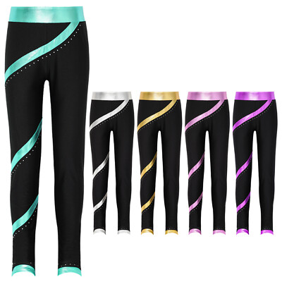 DE Mädchen Glitzer Strass Sport Leggings Lang Fitness Gymnastik Hosen Sporthosen