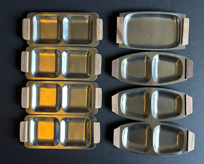 MCM Stainless Steel Small Serving Appetizer Trays Wood Handles Japan Set of 8