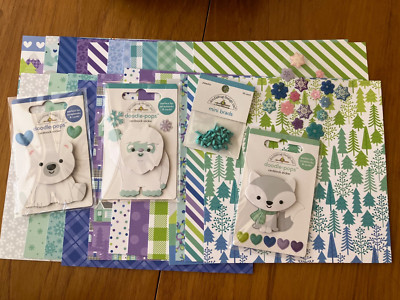 Lot - Doodlebug Design  Snow Much Fun - 6 x 6 papers, Mini Brads & 3 Doodle-pops