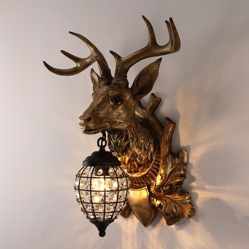 Vintage Loft Brown Resin Antler Deer Head with Crystal Glass Ball Wall Lights - Picture 5 of 9