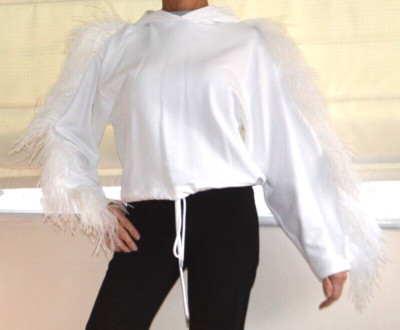 CHRISTOPHER KANE White Hoodie Waist Sweatshirt Feather Trim Sleeves New XS £890!