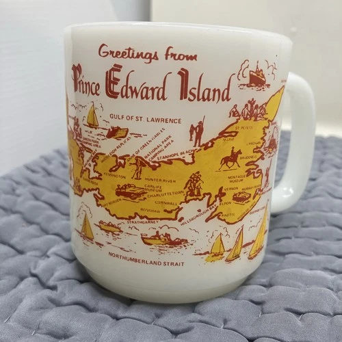 Vintage Glasbake Prince Edward Island Mug Map Milk Glass Canada Souvenir