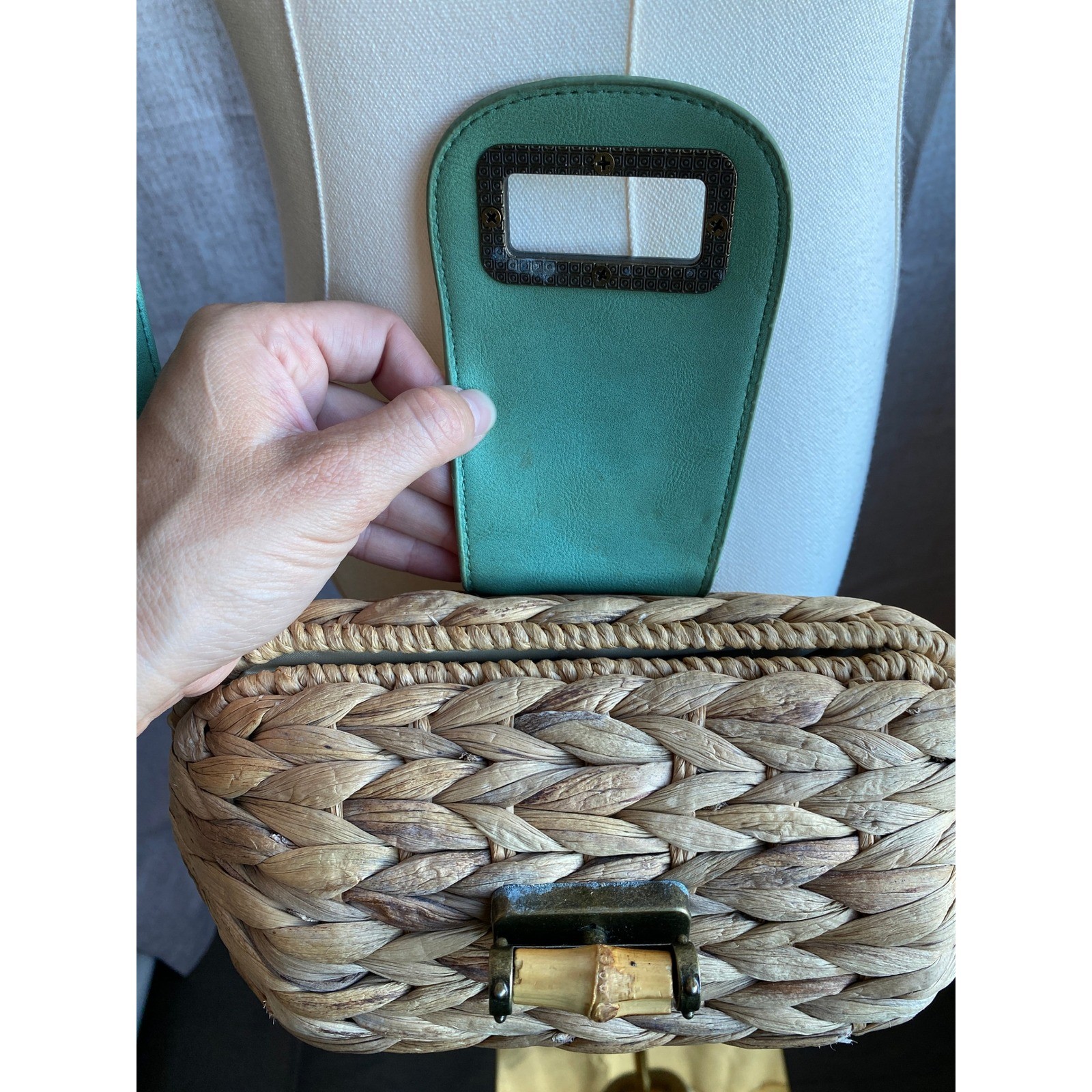 Sun N Sand Woven Straw Turquoise Trim Crossbody Bag Bamboo Lock