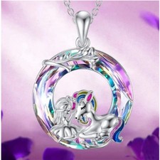 Colorful Crystal Unicorn Round Pendant Necklace Jewelry