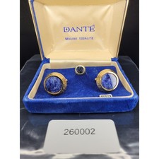 Dante Cufflinks Tie Tack Set Blue Genuine Sodalite Gold Tone Circular Excellent