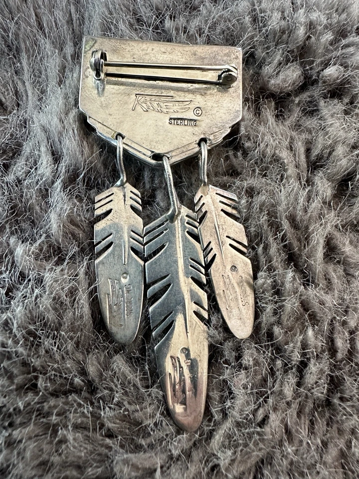 Navajo Tracey Knifewing Sterling Silver Turquoise Lapis Feather   Brooch/Pin - Image 2 of 3