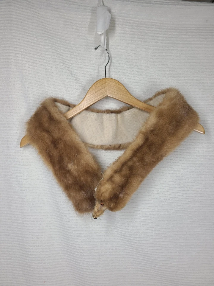 Vtg 60s Blonde Mink Fur Wool Backed Collar Tan Two Whole Pelts Genuine Pinup - Image 2 of 4